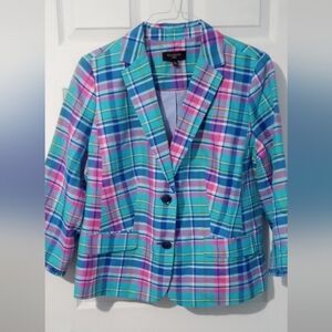 Talbot's Linen Blend Lined Colorful Plaid Blazer